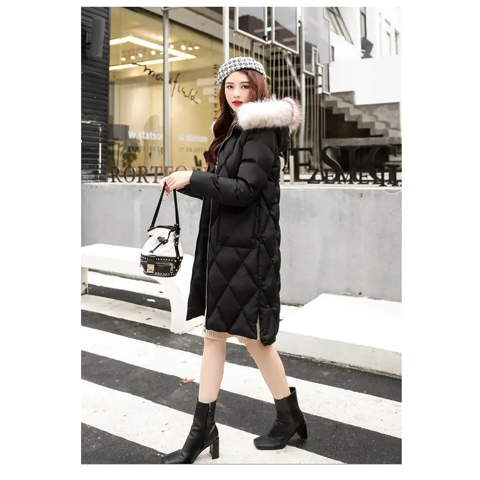 Hooded Mid-Length Cotton Coat with Fur Collar