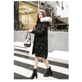 Hooded Mid-Length Cotton Coat with Fur Collar