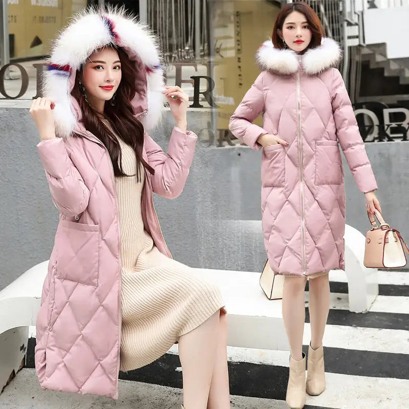 Hooded Mid-Length Cotton Coat with Fur Collar
