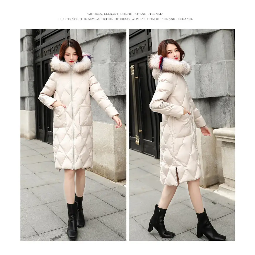 Hooded Mid-Length Cotton Coat with Fur Collar