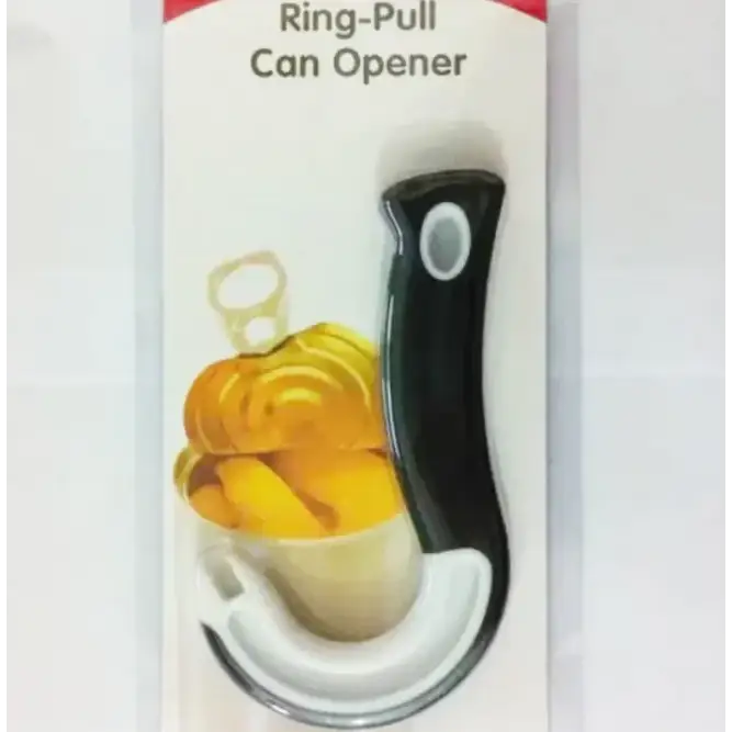 Black and silver ring-pull can opener with a sleek, ergonomic handle.