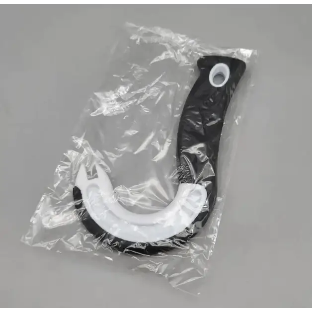 Black and white plastic hook with a textured grip.