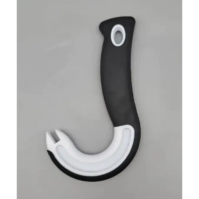 Black and white plastic hook tool with a curved handle and gripping end.