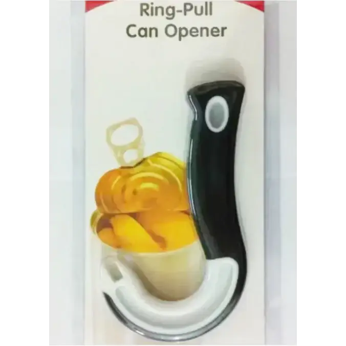 Black and white ring-pull can opener with a sleek, ergonomic handle.