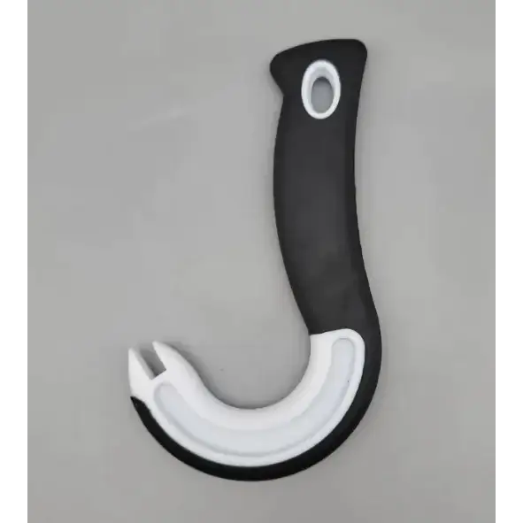 Black and white plastic hook with a curved handle and three-pronged end.