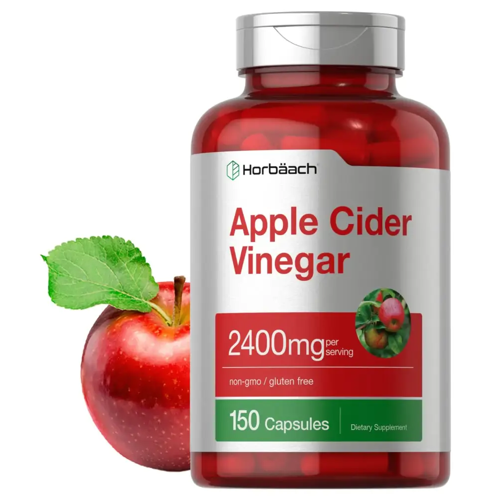 Red plastic bottle of horbaach apple cider vinegar capsules with a silver cap and label detailing 2400mg per serving.