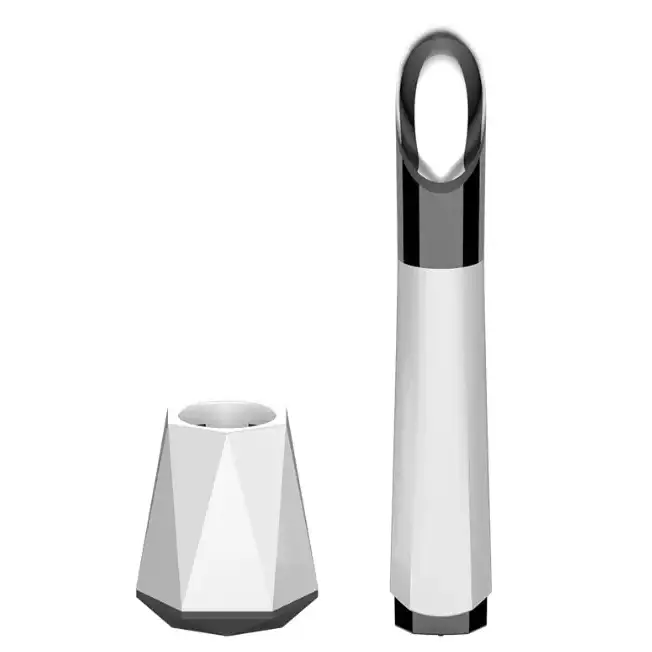 A sleek, modern white and black handheld device with a geometric design.
