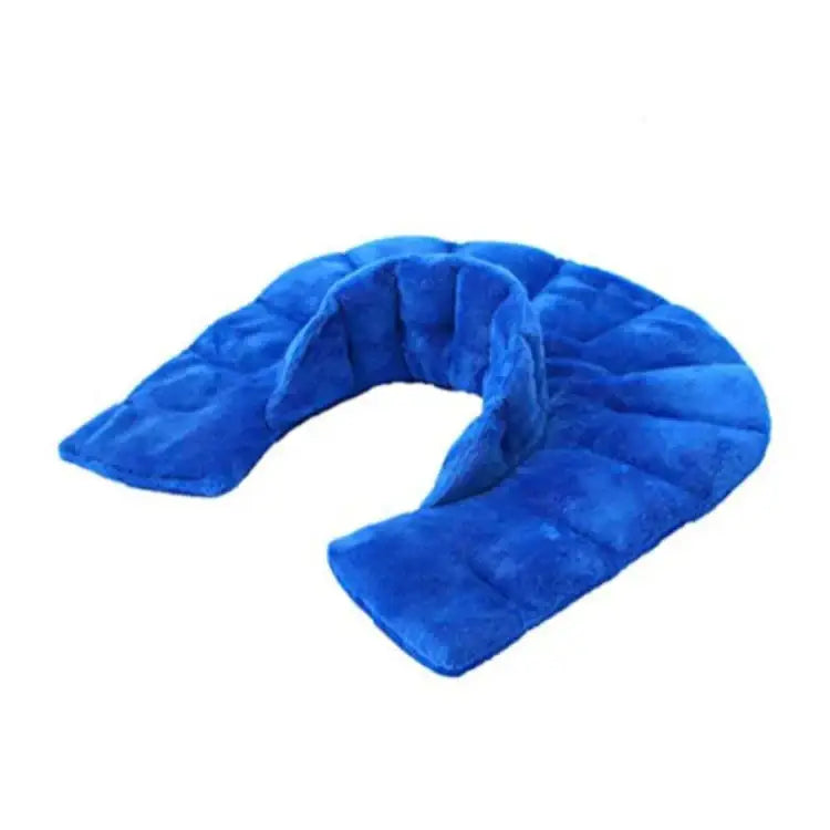 Blue plush neck pillow with a quilted, u-shaped design.