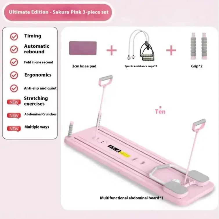 Pink multifunctional abdominal board with gray foot pads and handles.