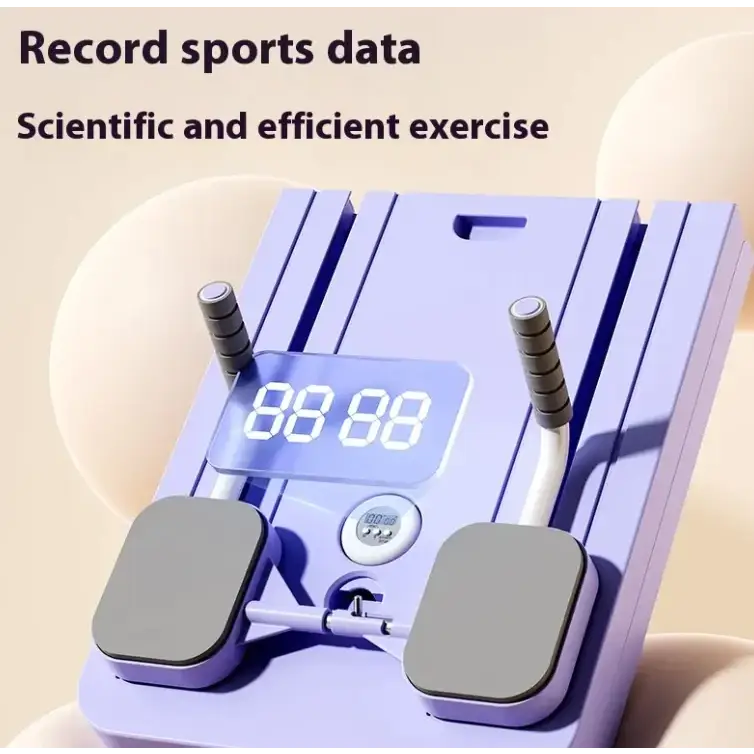 Purple digital exercise scale with gray footpads and handle grips.