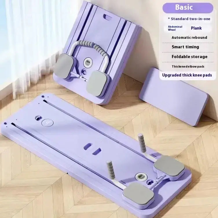 Purple foldable exercise mat with integrated abdominal wheel and knee pads.