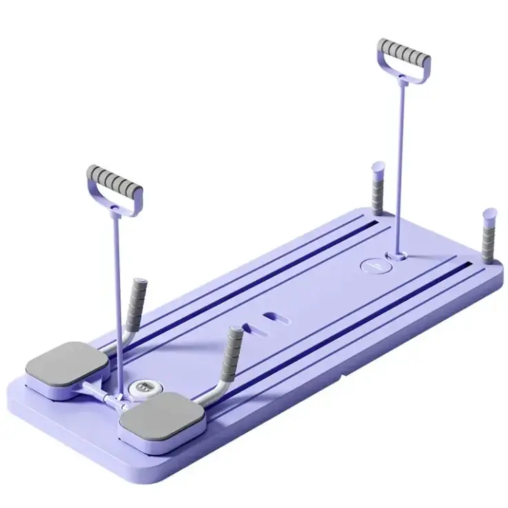 Purple plastic exercise bench with gray padded footrests and handlebars.