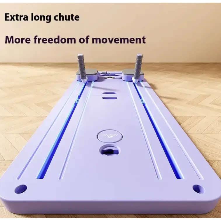 Purple plastic exercise mat with blue led lighting strips and adjustable metal poles.