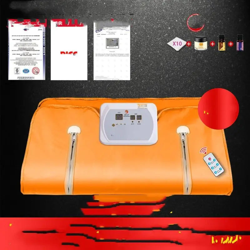Orange inflatable massage pad with white control panel and remote