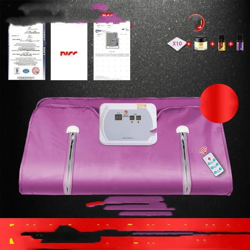 Purple fabric-covered infrared sauna mat with a white control panel and silver handles.