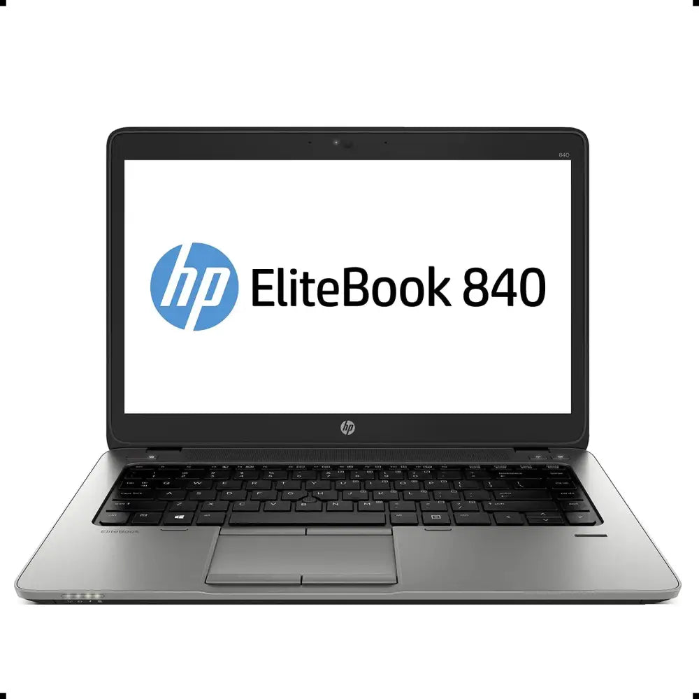 Silver hp elitebook 840 laptop with a black keyboard and trackpad.