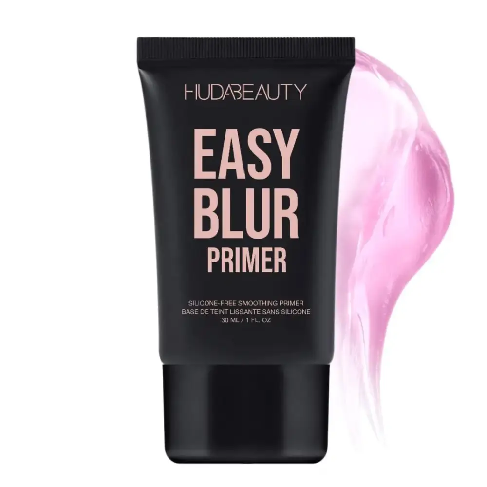 Black tube of huda beauty easy blur primer, showcasing a pinkish-rose silicone-free smoothing primer with a sleek matte finish.