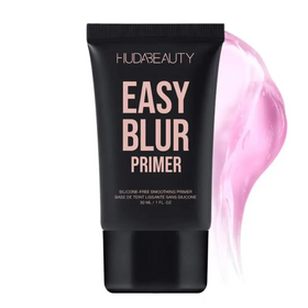 Black tube of huda beauty easy blur primer, showcasing a pinkish-rose silicone-free smoothing primer with a sleek matte finish.