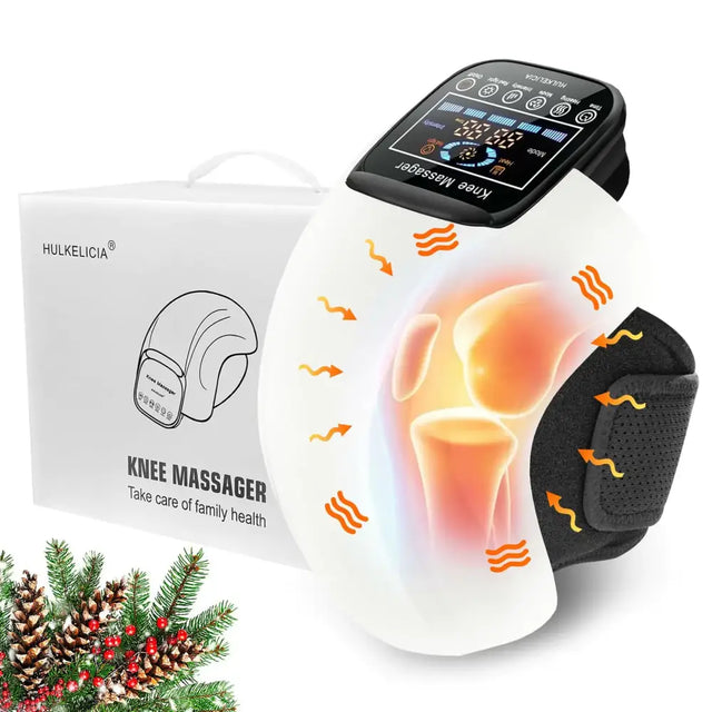 White and black hulkelicia knee massager with a digital display and adjustable strap.