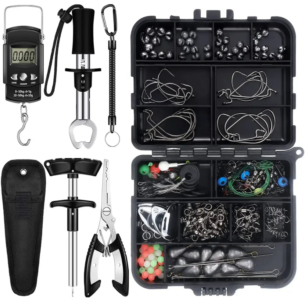 Black plastic tackle box with organized compartments holding fishing hooks, sinkers, swivels, and colorful beads.