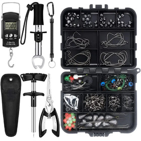 Black plastic tackle box with organized compartments holding fishing hooks, sinkers, swivels, and colorful beads.