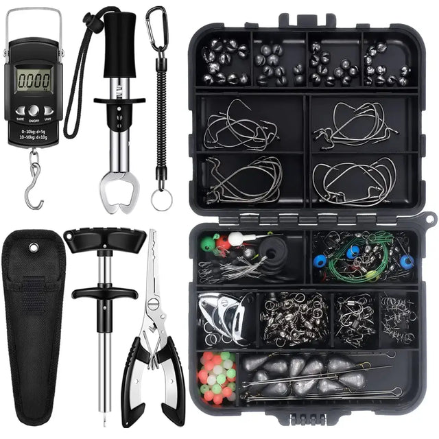 Black plastic tackle box with organized compartments holding fishing hooks, sinkers, swivels, and colorful beads.