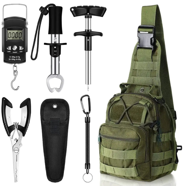 Olive green tactical sling pack with multiple compartments and adjustable strap