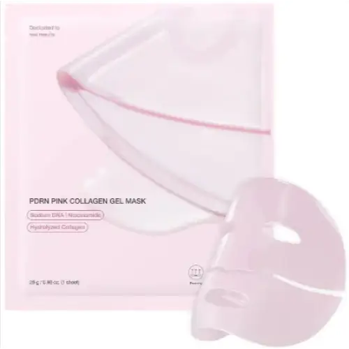 Pink collagen gel mask in a translucent pouch with pink trim.