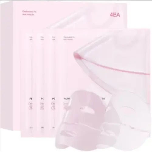 Pink 4ea facial mask sheets in clear packaging with minimalist design.