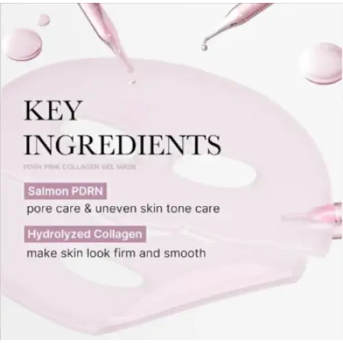 Pink collagen gel mask with a translucent, silicone-like texture and delicate dropper applicators.