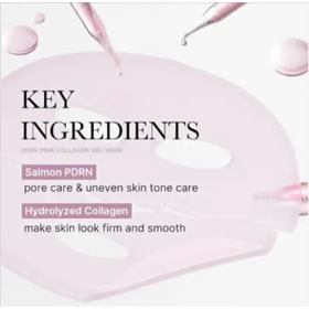 Pink collagen gel mask with a translucent, silicone-like texture and delicate dropper applicators.