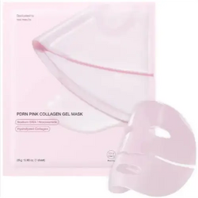 Pink collagen gel mask in a translucent pouch with pink trim.
