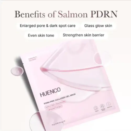 Pink huenco pdrn pink collagen gel mask with a glossy, translucent design and subtle embossed branding.