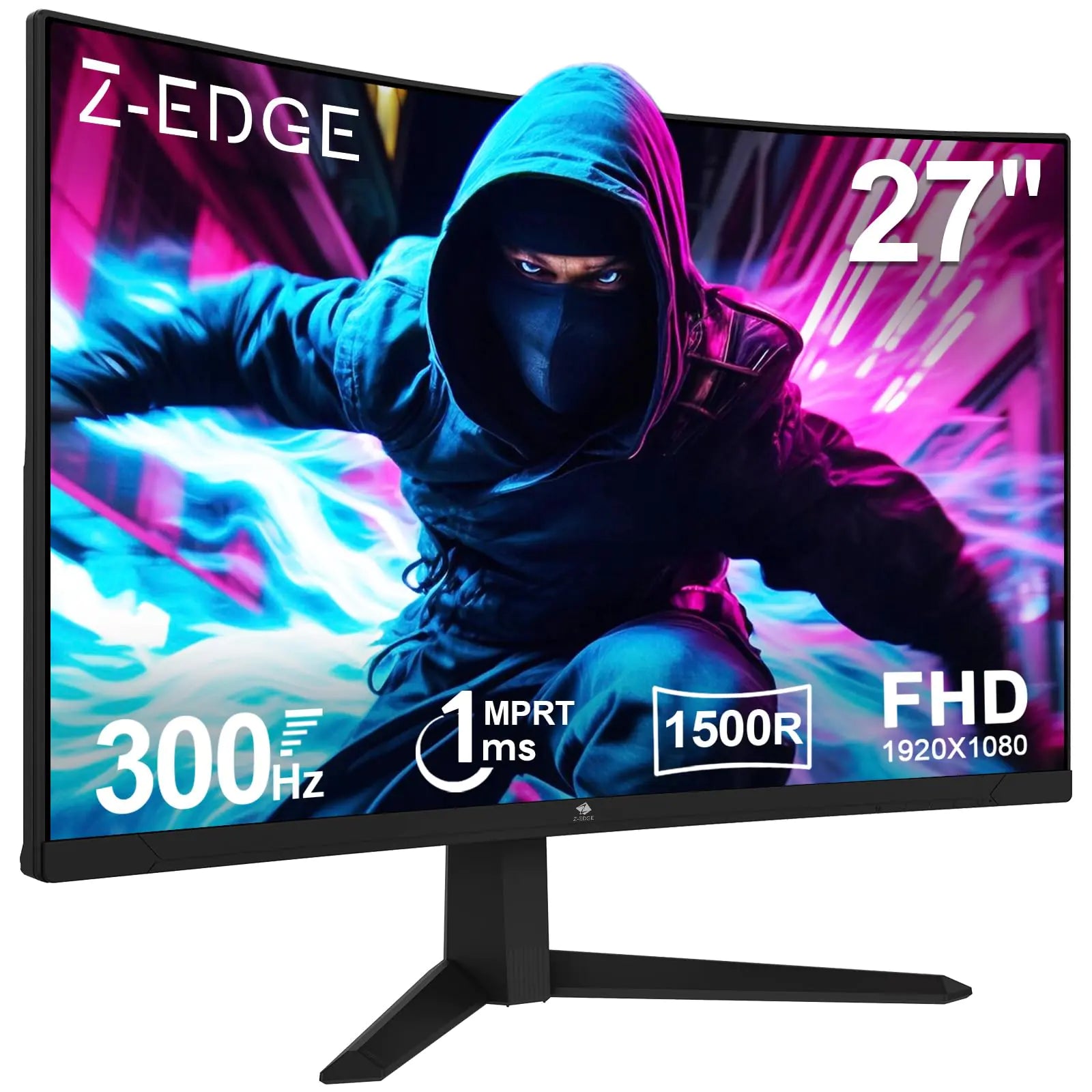 Z-Edge 27-inch frameless curved gaming monitor on stand, 16:9 FHD, 300Hz 1ms, slim bezels for esports