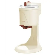 Cream-colored countertop ice cream machine with a clear lid and red accents on the handle and dispensing mechanism.