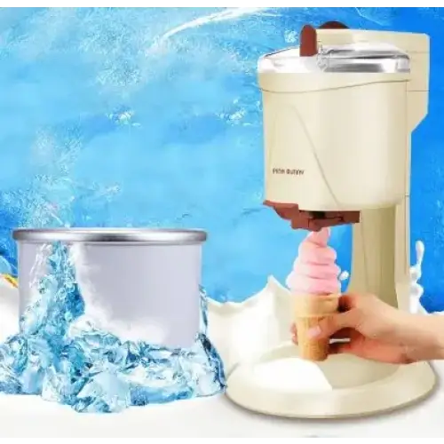 Cream-colored electric ice cream maker with a silver mixing bowl and brown handle, dispensing pink soft-serve into a waffle cone.