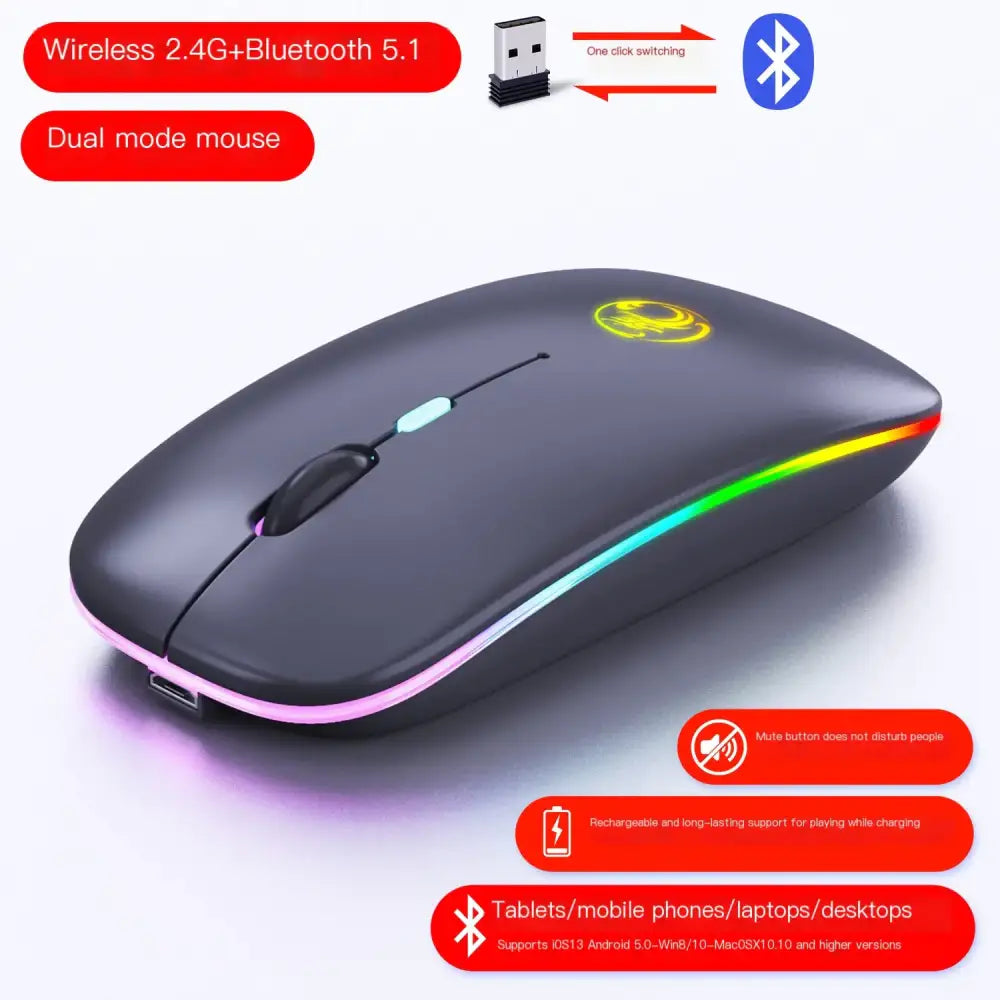 Black wireless mouse with rgb lighting and a glowing yellow logo.
