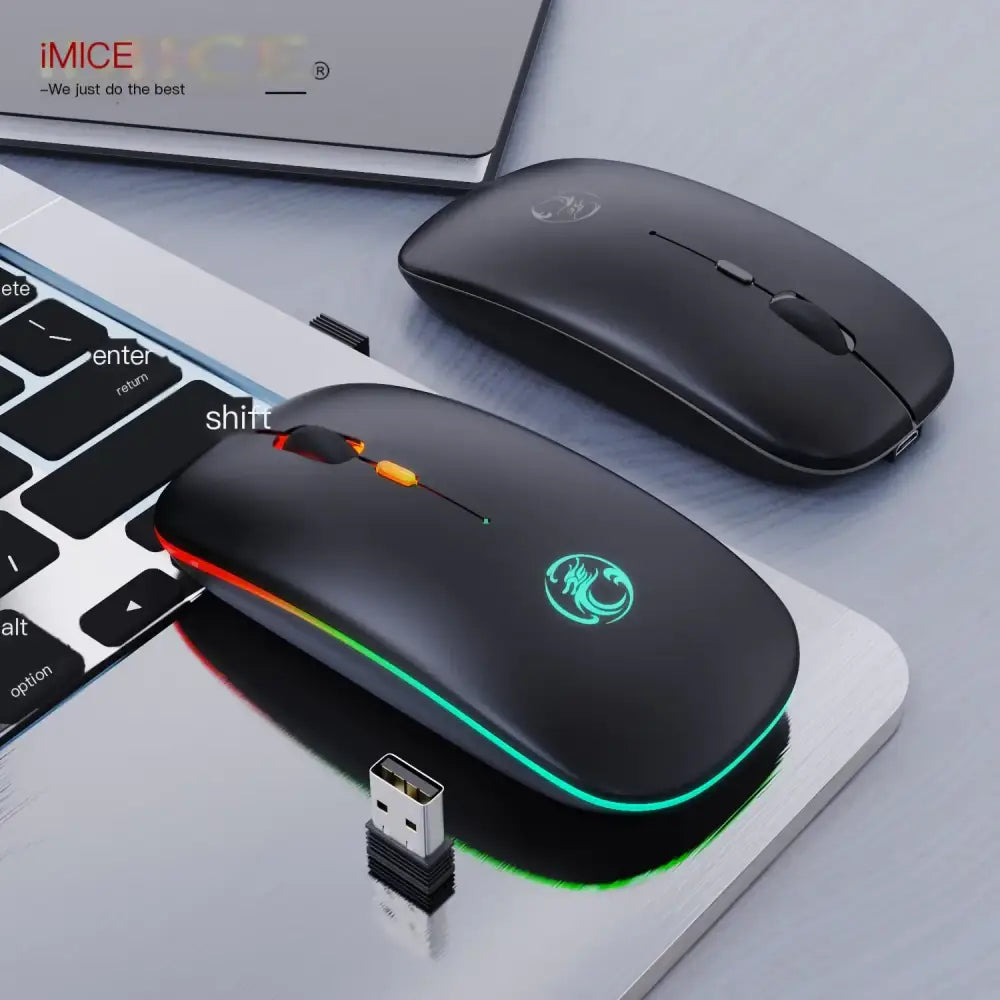 Black wireless mouse with rgb lighting and a glowing logo