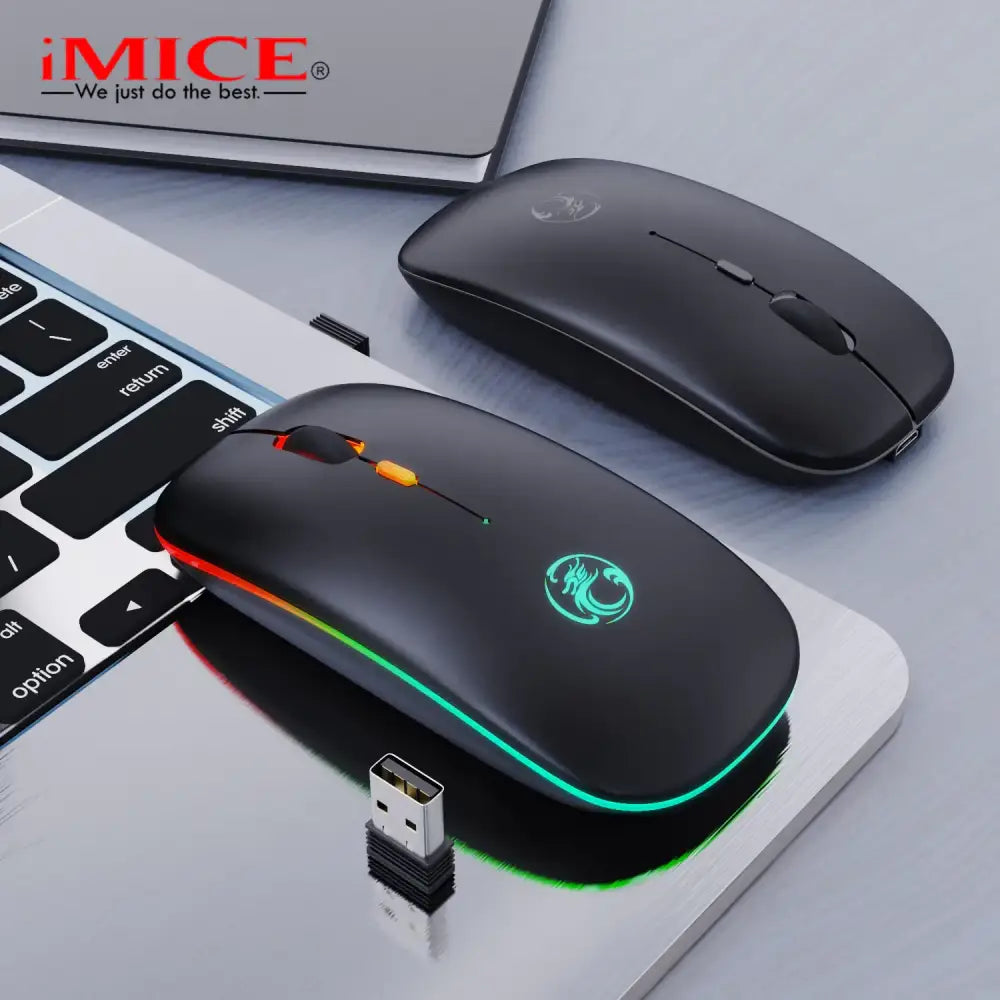 Black wireless gaming mouse with rgb lighting and a glowing logo, featuring an ergonomic design.