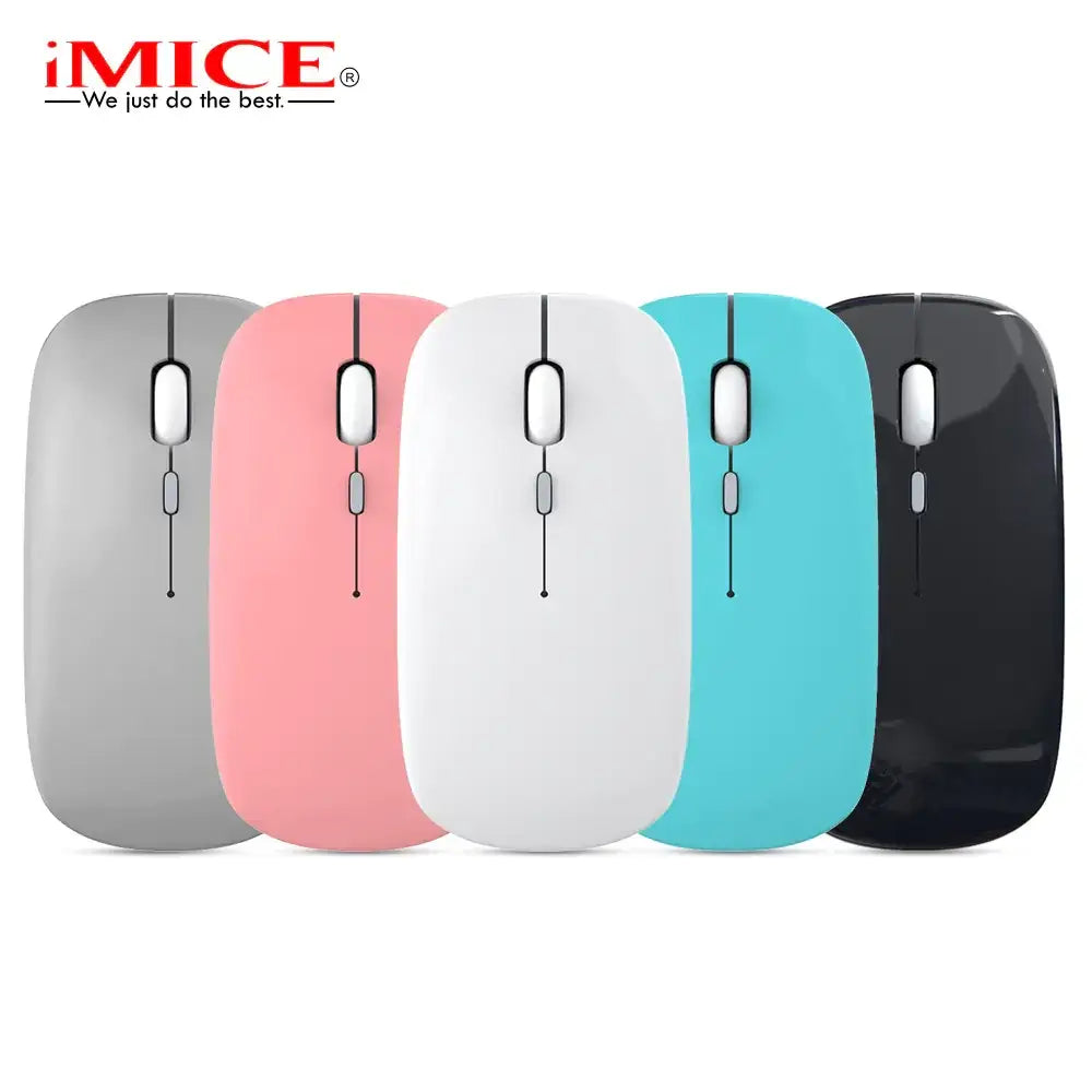 Imice brand wireless computer mouse in gray, pink, white, teal, and black.