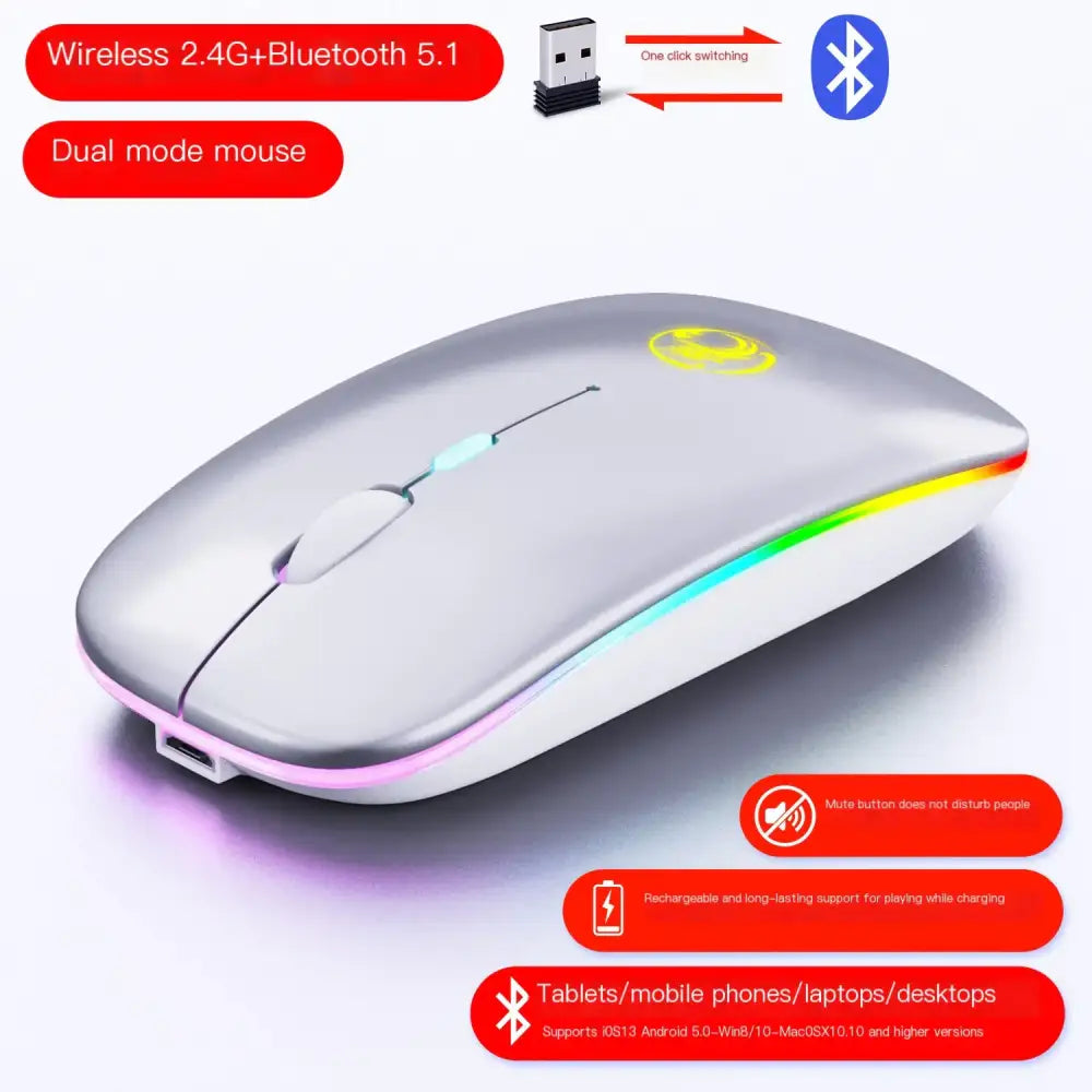 Silver wireless mouse with rgb lighting and a sleek, ergonomic design.