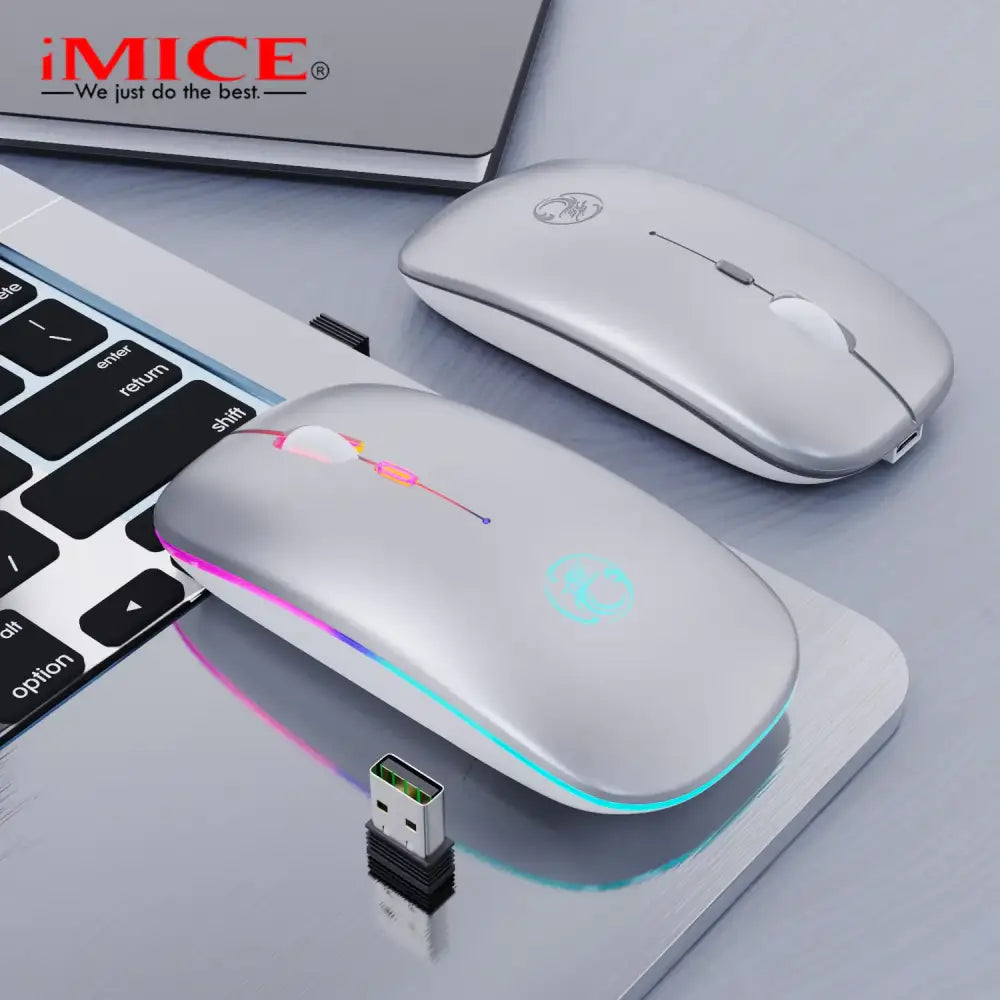 Silver wireless mouse with rgb lighting and a sleek, modern design.
