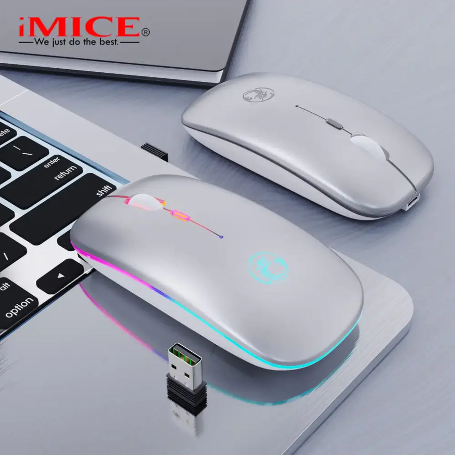 Silver wireless mouse with rgb lighting and a sleek, modern design.