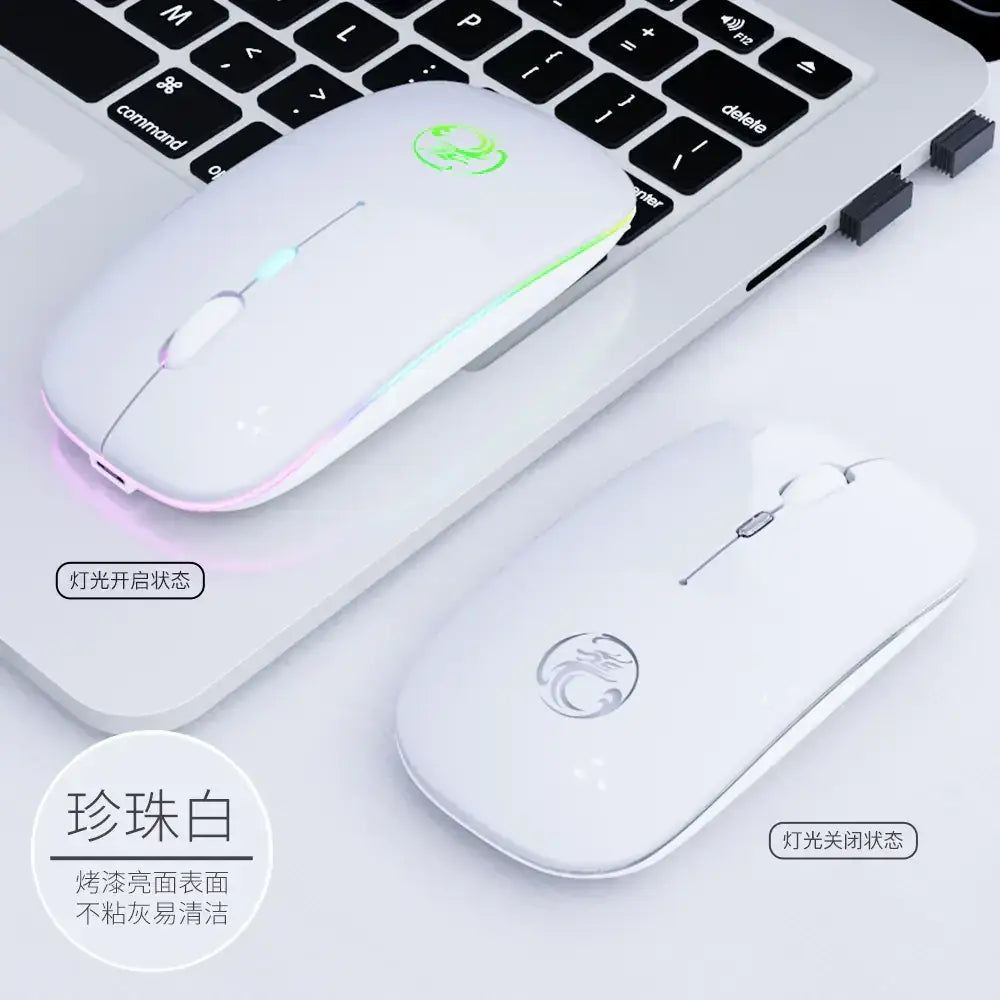 White wireless mouse with rgb lighting and a dragon logo, featuring a glossy pearl-white finish.