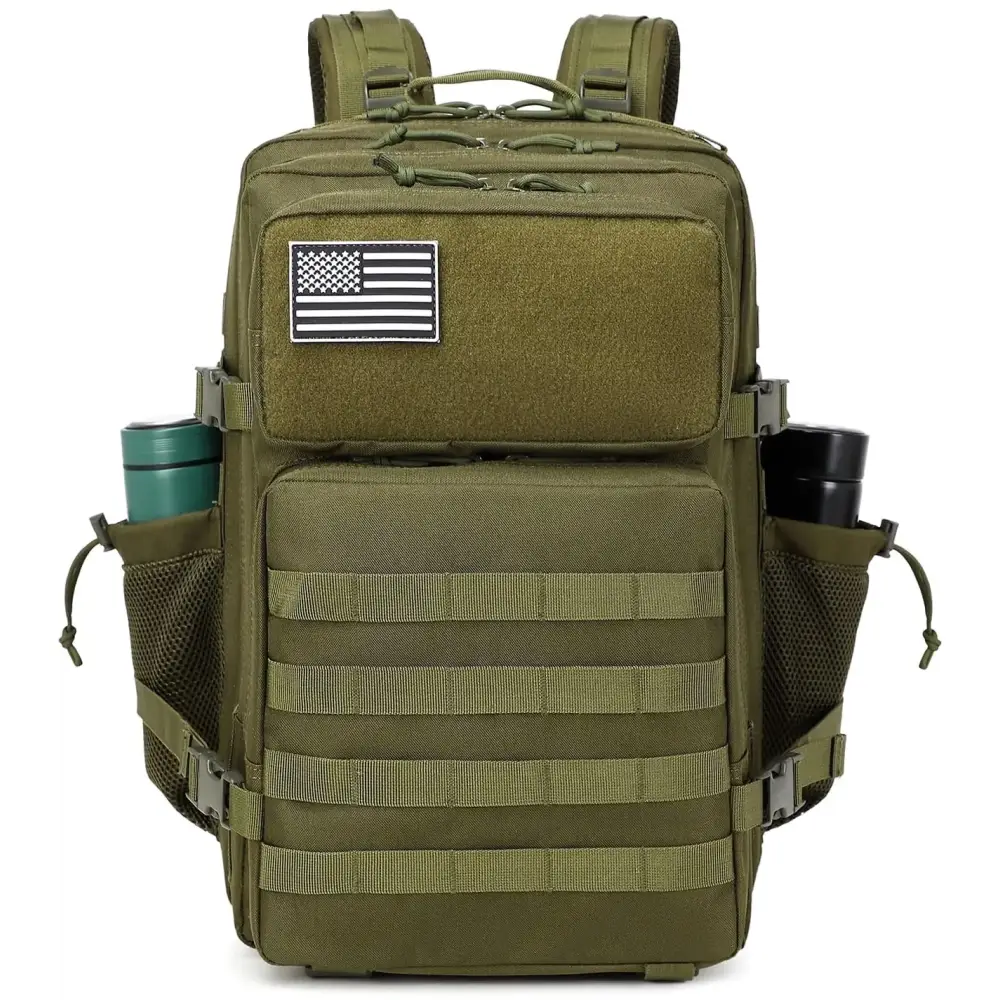 Olive green tactical backpack with a black and white american flag patch on the front.