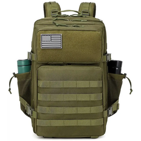 Olive green tactical backpack with a black and white american flag patch on the front.