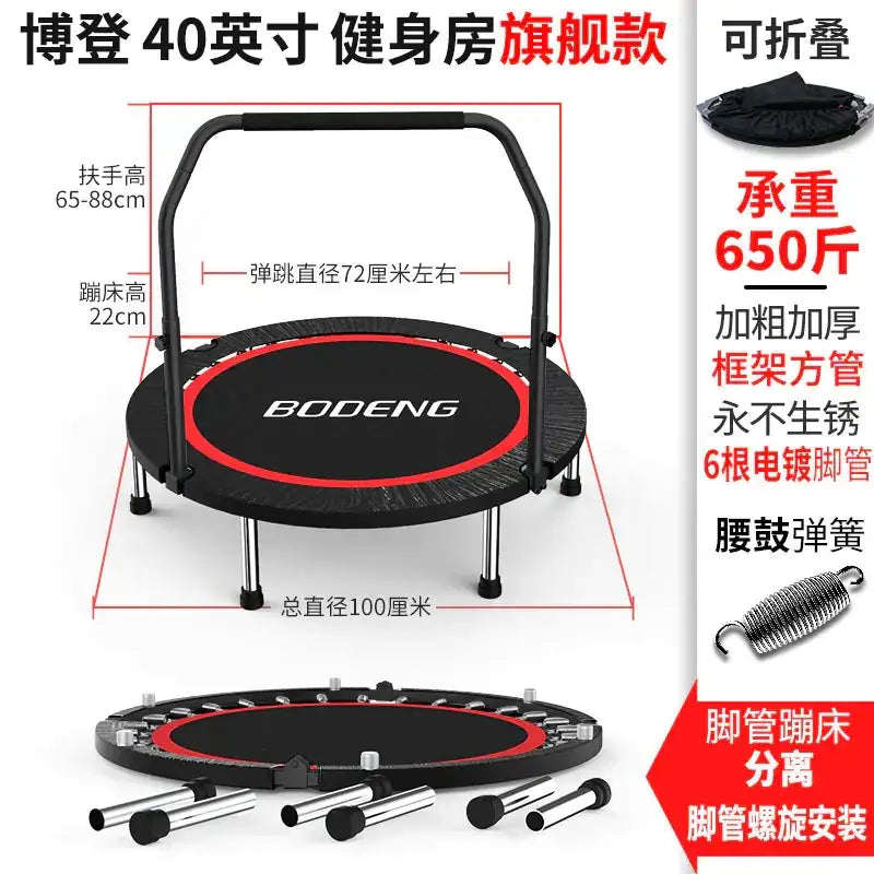 Black and red bodeng 40-inch foldable trampoline with a sturdy, stainless steel frame.