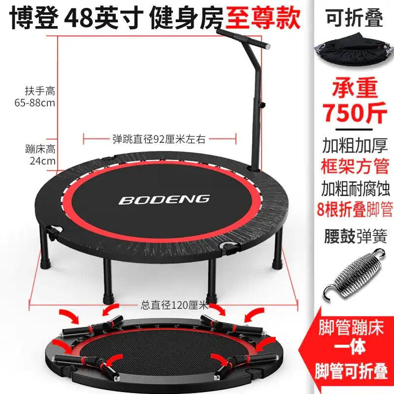 Black and red bodeng 48-inch foldable trampoline with a sturdy frame, thick reinforced legs, and integrated springs.
