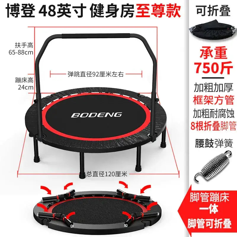 Black and red bodeng brand 48-inch foldable trampoline with thick, rust-resistant frame and folding legs.