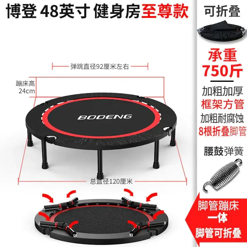 Black and red bodeng 48-inch foldable trampoline with thick, rust-resistant square frame and folding legs.
